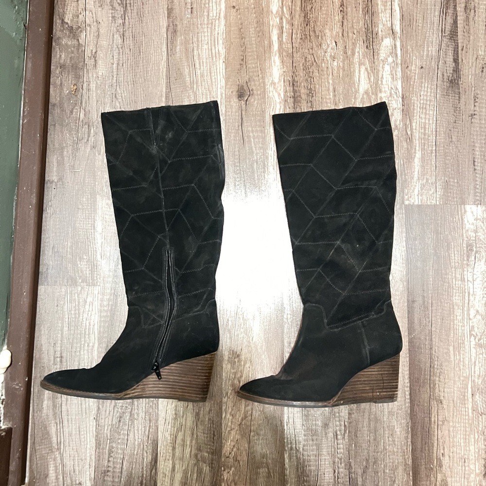 Black Suede Knee-High Wedge Boots